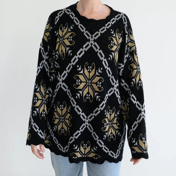 Sweaters - Vintage Nutcracker  Black Gold Print Knit Crewneck Sweater XL